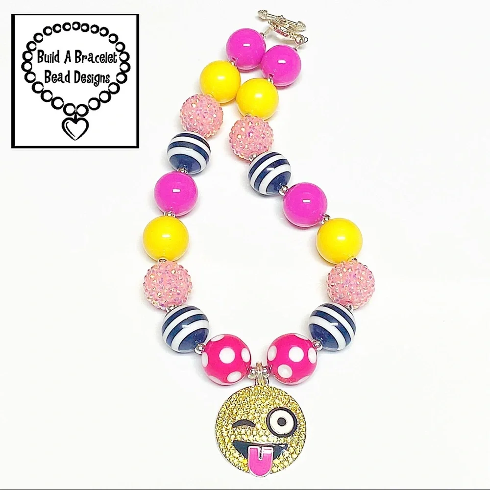 Girls Silly Tongue Emoji Bubblegum Beaded Necklace Pink Yellow Handmade - Picture 1 of 1